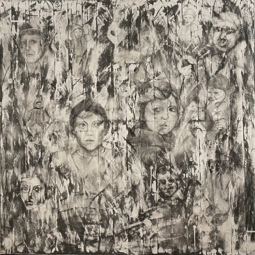 „27 iunie” 100 x 100 cm Tehnică mixtă (cărbune, grafit, hârtie termică și fixativ pe pânză) Iunie 2023